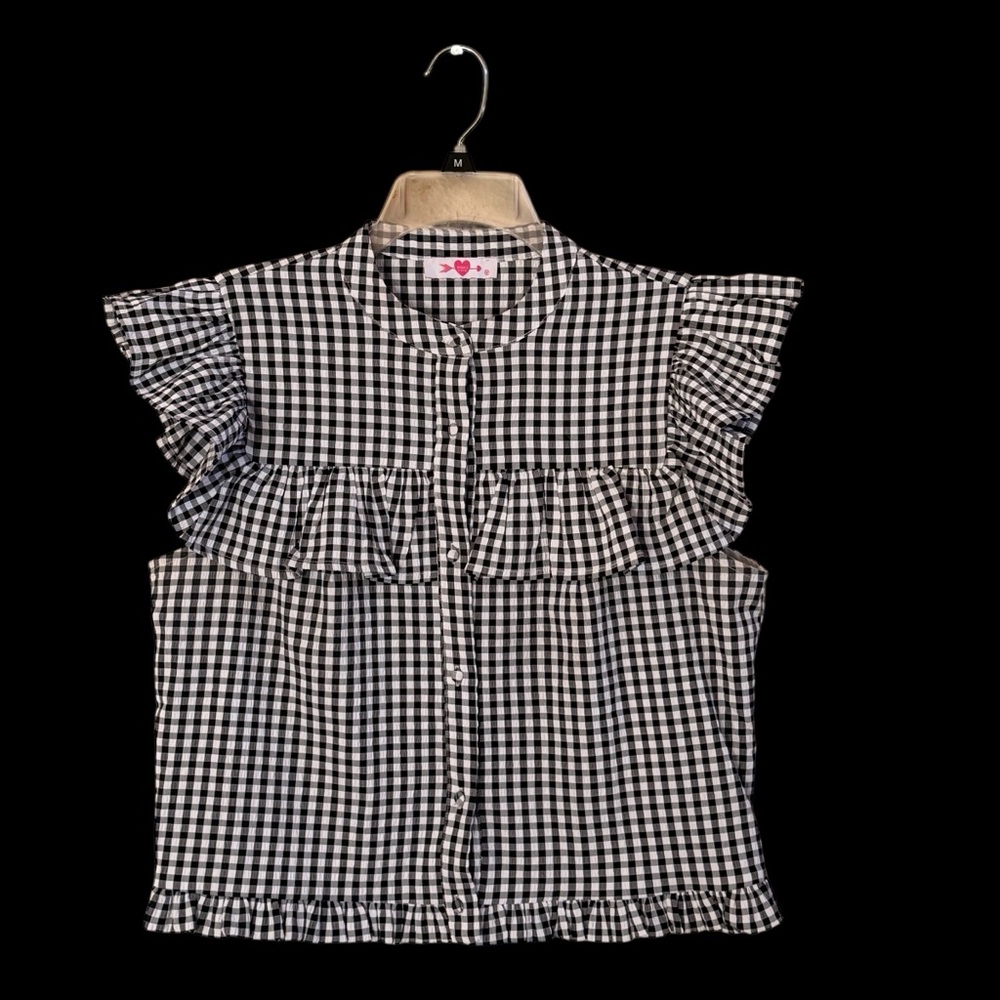Buddy Love b&w gingham ruffle button up shirt